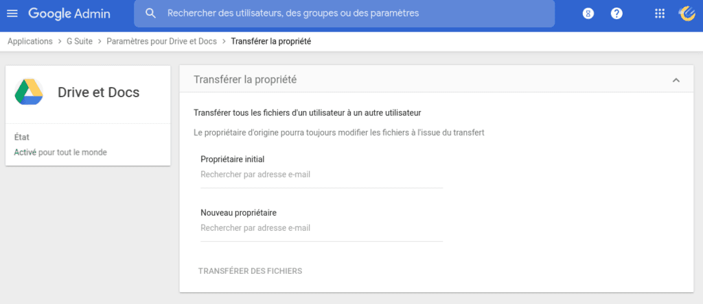 transfère de propriété dans G-suite