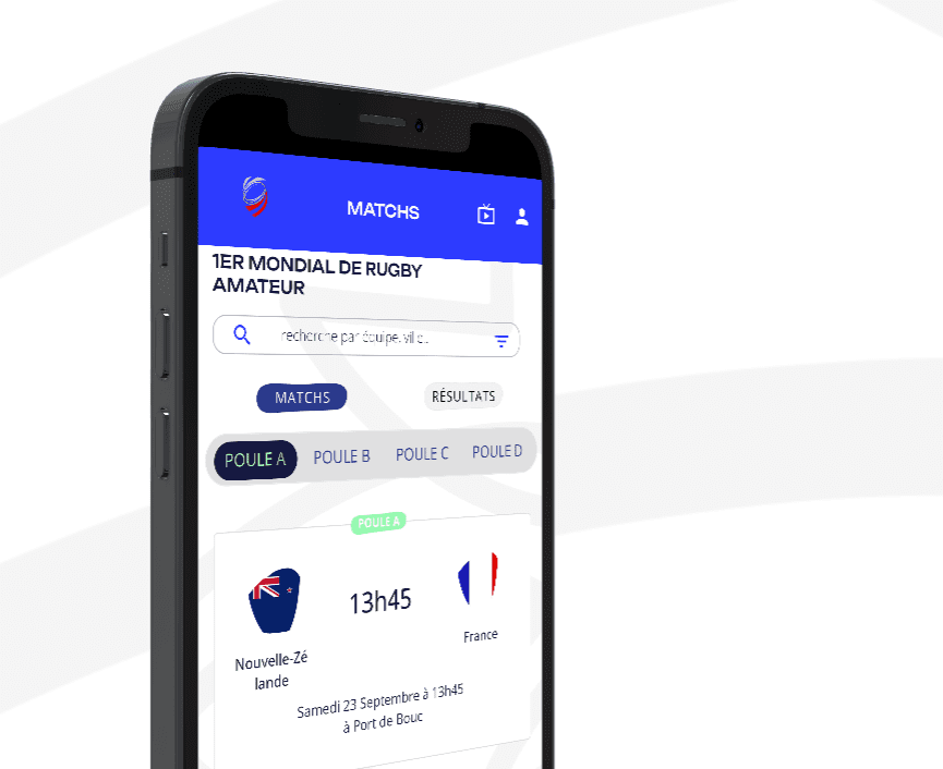 application mondial rugby amateur 2023 réalisée avec Adalo